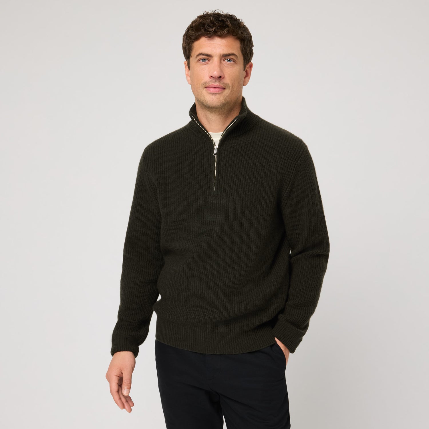 Men's Wool-Cashmere Rib Half Zip Sweater