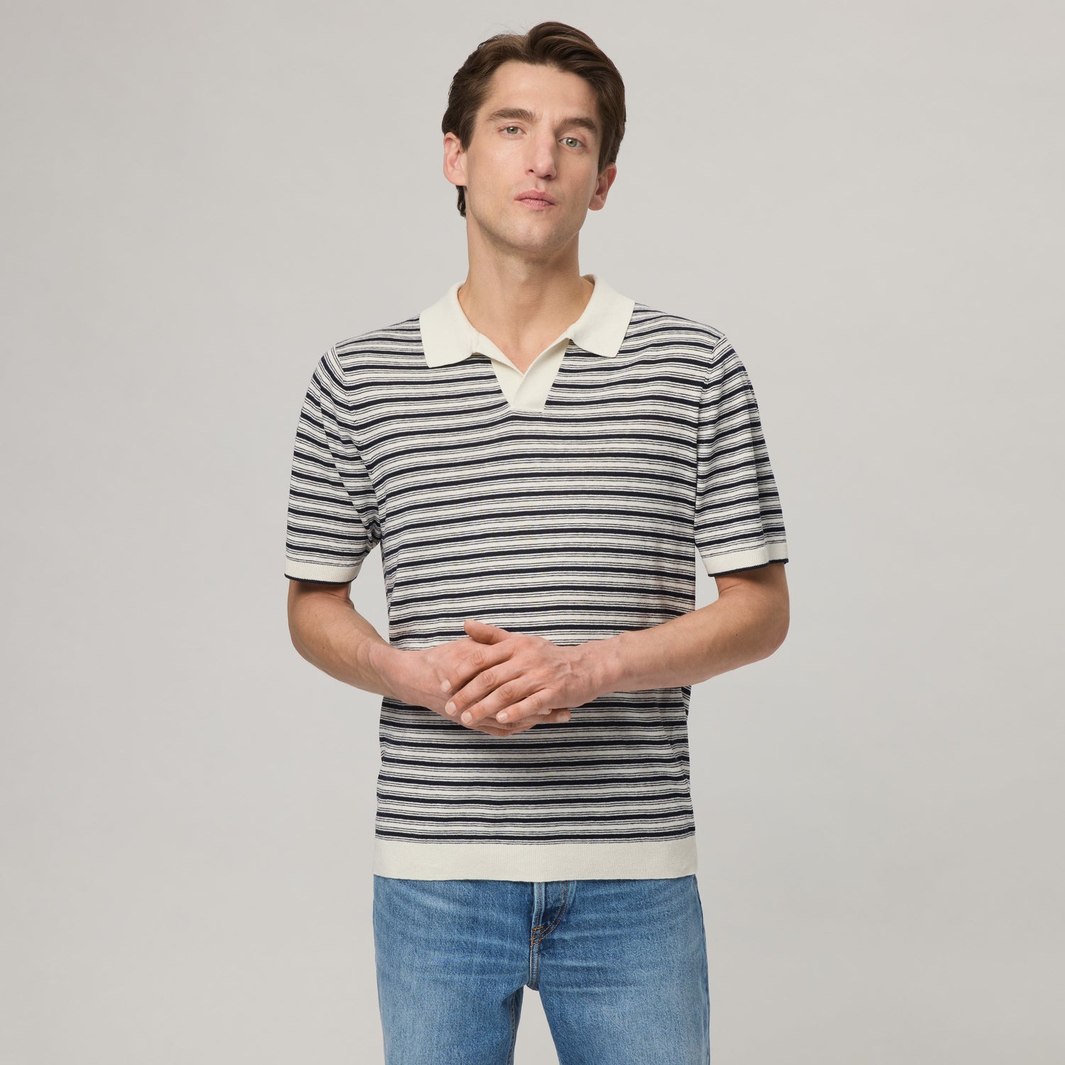 Men's Silk-Linen Striped Polo