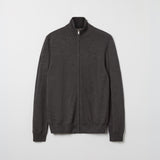 Men's merino wool full zip cardigan in dark grey melange.