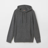 Men's cashmere zip hoodie in grey melange featuring a drawstring hood and full front zipper.